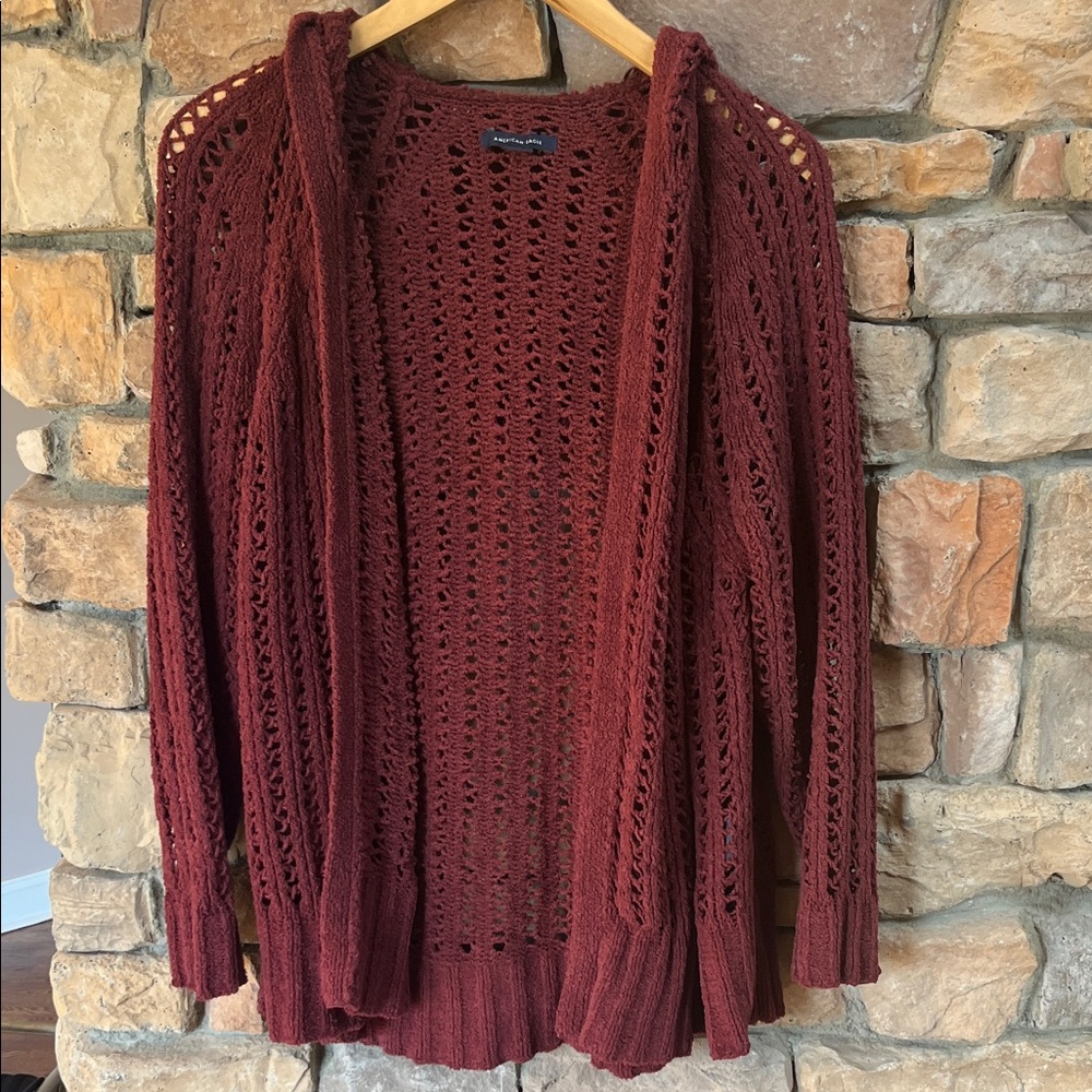 American Eagle Outfitters Maroon Open-Knit Cardigan